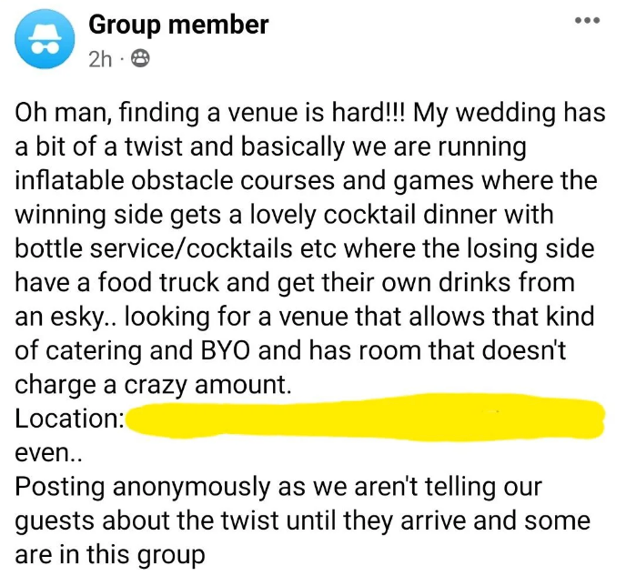 Summary of the post: The user seeks a venue for their wedding featuring games, cocktails, and BYO, avoiding high costs. They request secrecy from guests