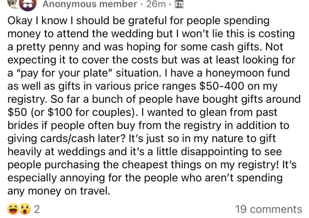 Person expresses frustration over wedding guests purchasing cheap gifts, highlighting the financial burden of attending the wedding