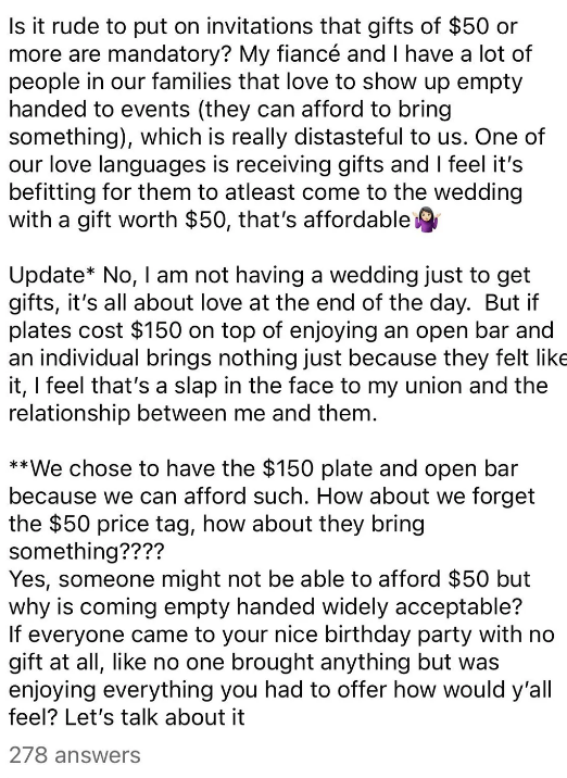 Text questioning the expectation of monetary gifts at weddings, discussing cultural perspectives and differing opinions on obligatory gifting.