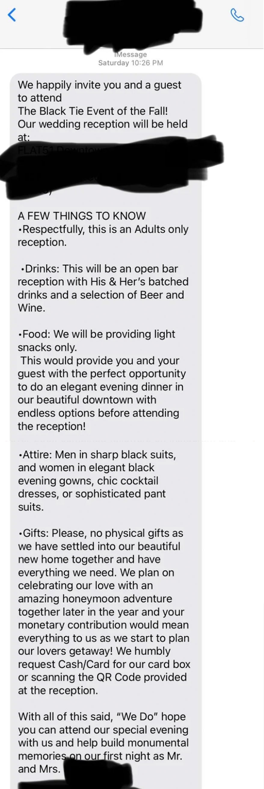 Invitation to a black-tie wedding reception with open bar, dinner, and dancing. Attendees are advised on attire, gifts, and the event's schedule