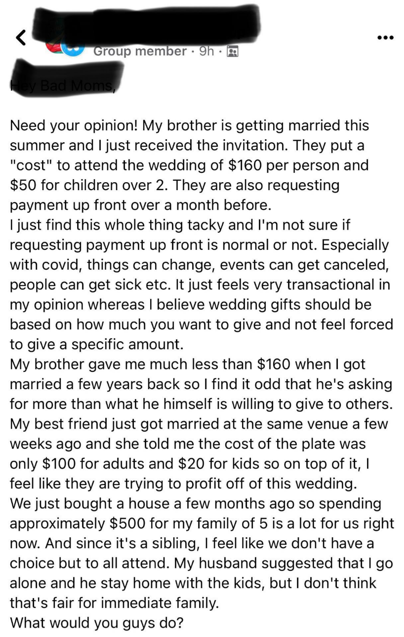 Summary of a post where a person asks for opinions on their brother charging a fee for attending his wedding due to financial concerns and COVID risks, explaining that children are also charged and questioning the fairness of the situation