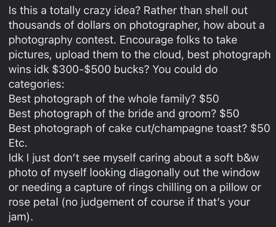 Text discussing photo competition ideas with categories like best family, couple, and cake photographs, suggesting cash prizes ($50-$300)