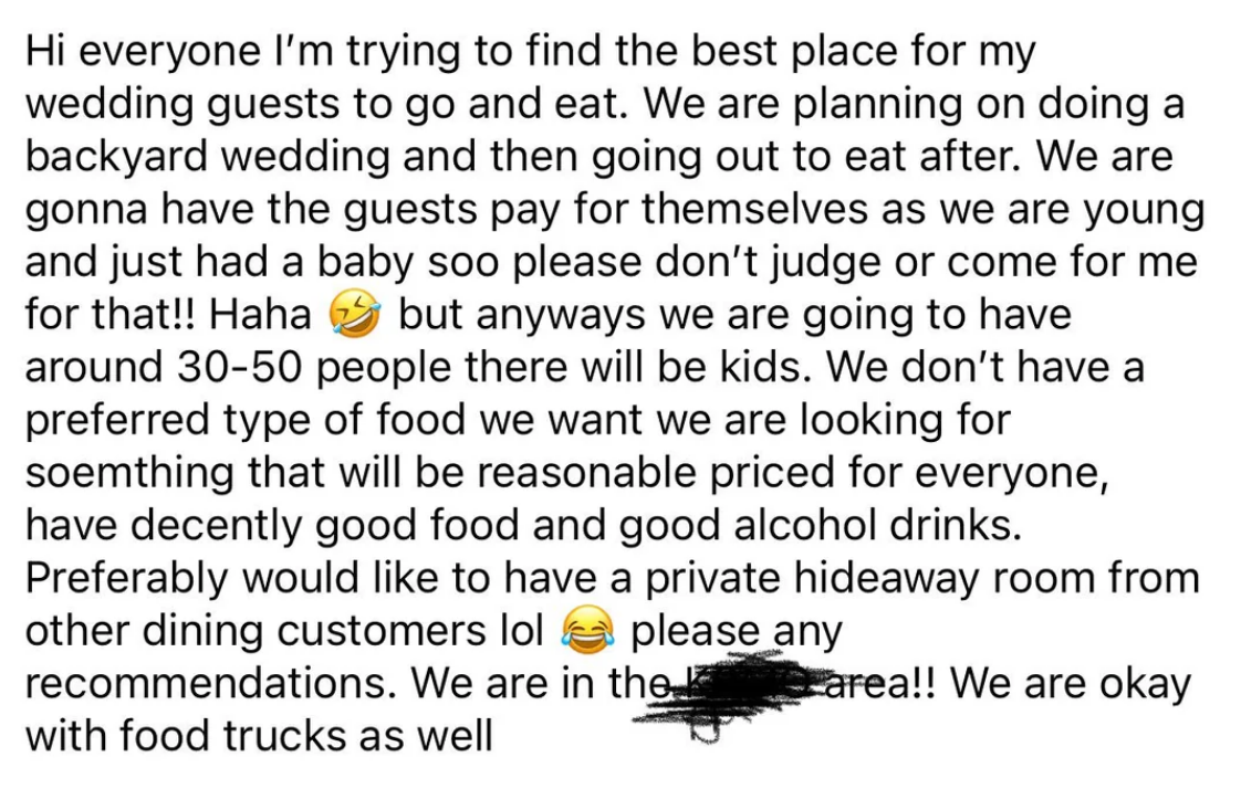 Someone is looking for a reasonably priced restaurant for a group of 30-50 people, including kids, in a specific area. Recommendations are welcome