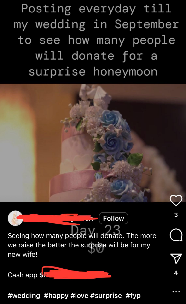Cake with blue and white flowers; text about posting daily for wedding donations towards a surprise honeymoon