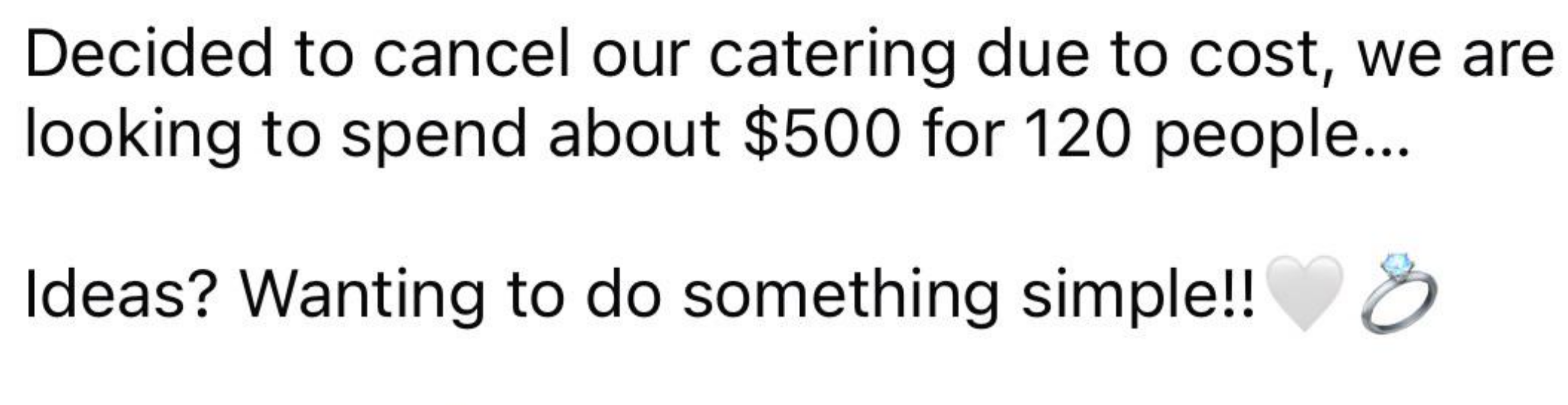 Text in image: Decision to cancel catering due to cost; need ideas for simple meals for 120 people within $500 budget