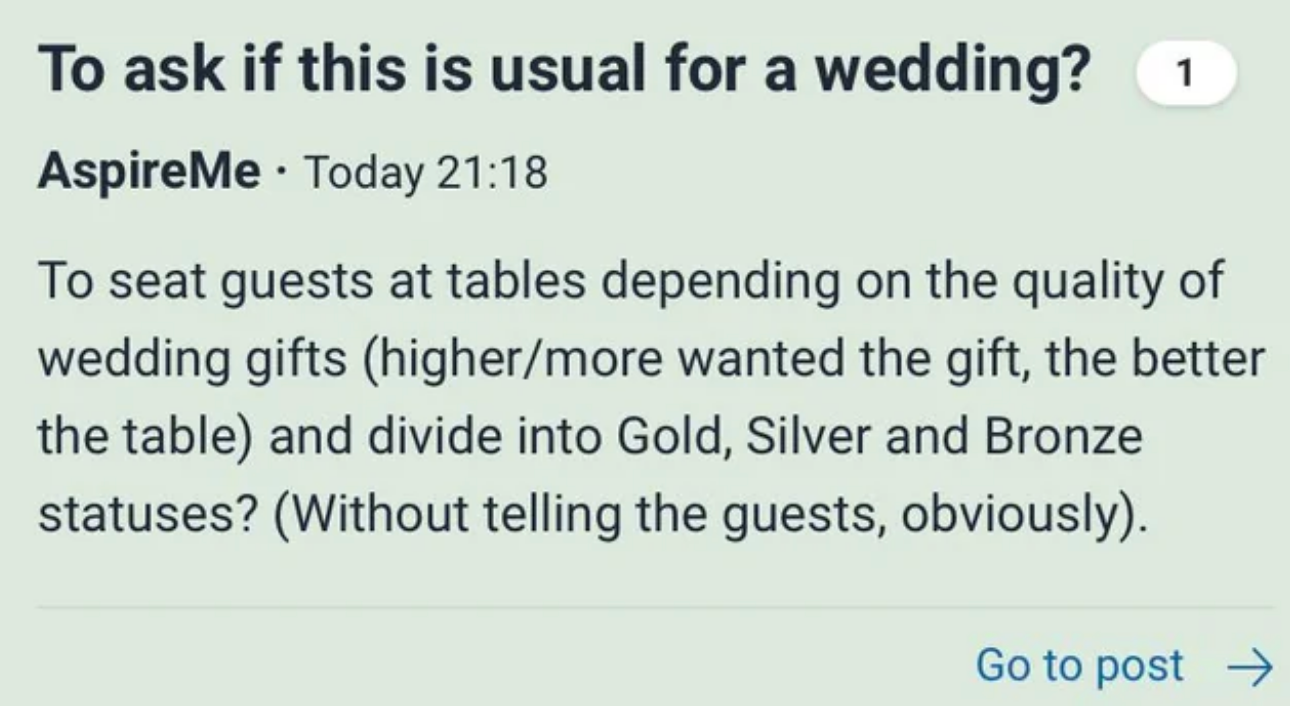 Post questions seating guests by gift quality at a wedding, using Gold, Silver, and Bronze tiers without notifying guests
