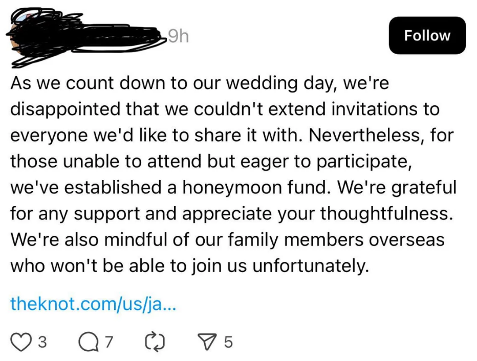 Couple explains they couldn't invite everyone to their wedding but invite support for a honeymoon fund; thoughtful of family abroad