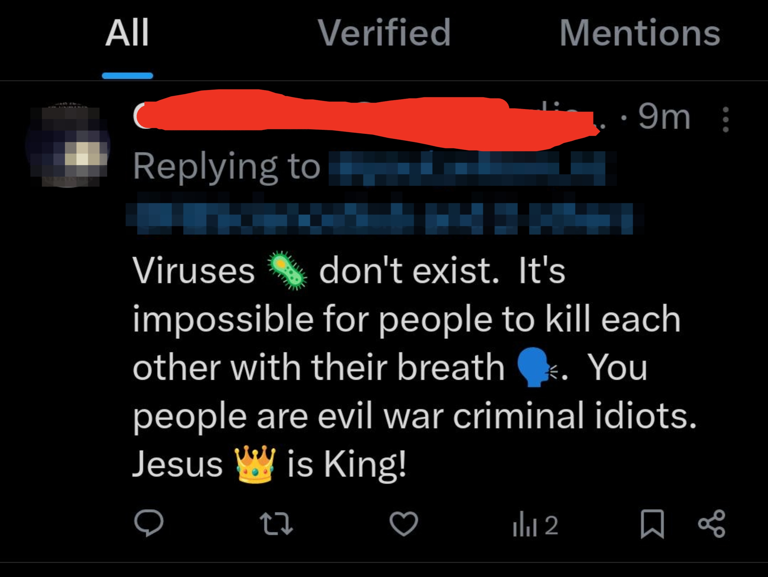 Social media reply stating disbelief in viruses, claiming it's impossible to harm others this way, and referencing religious belief