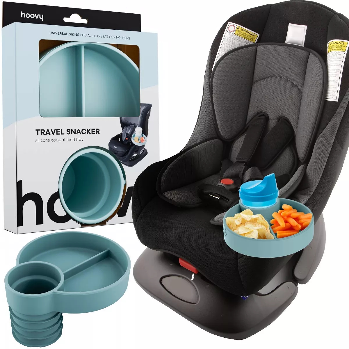 Child car seat with attached silicone food tray, holding snacks and drink. Packaging of "Travel Snacker" shows compatibility with car cup holders