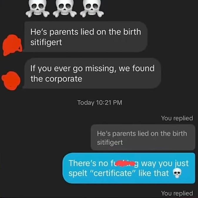 Text exchange with misspelled words; humorous reaction to "certificate" misspelled as "sitifitert."
