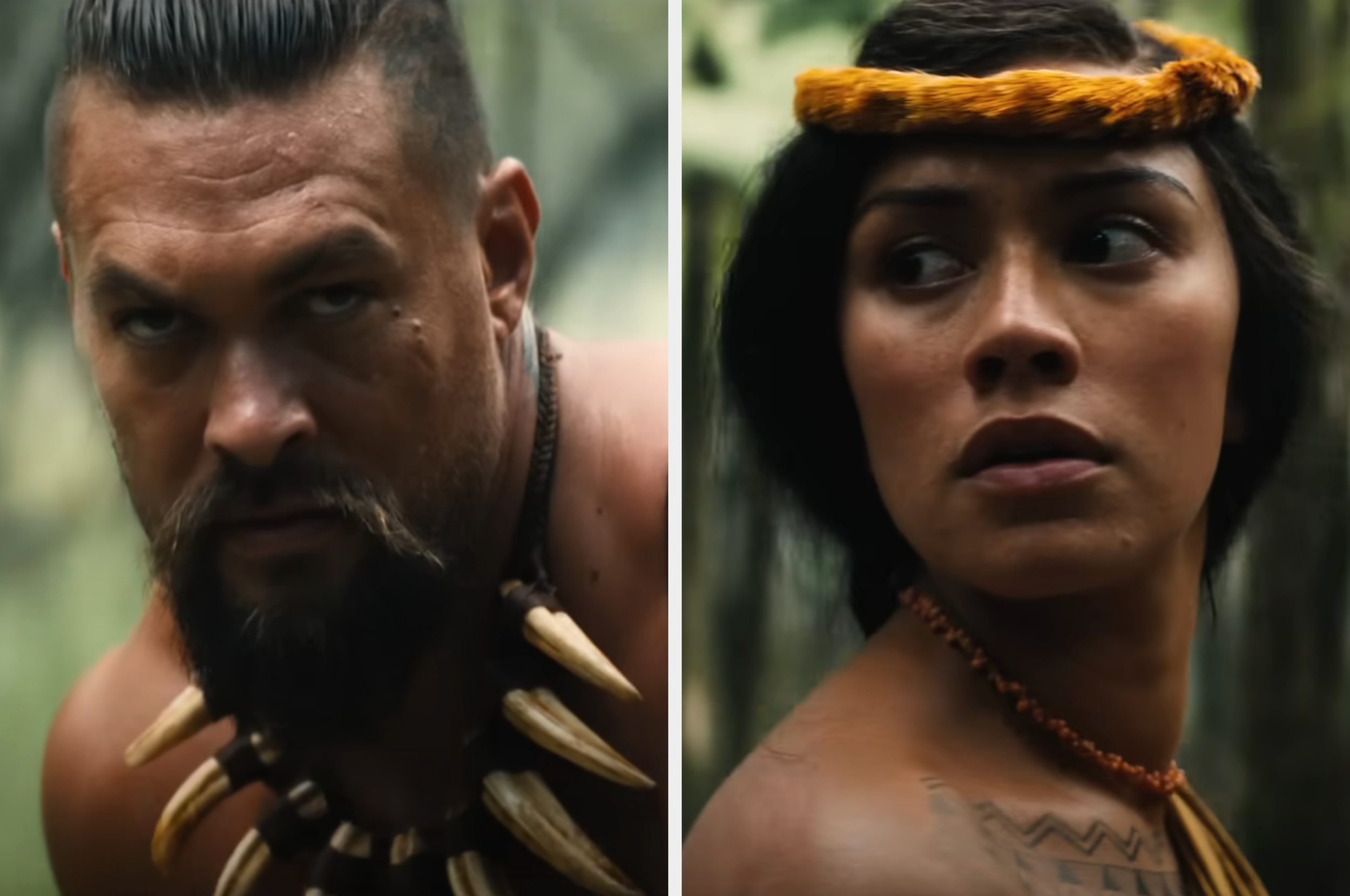 Two individuals wearing necklaces made of natural materials in a forest setting, both looking intently in the same direction
