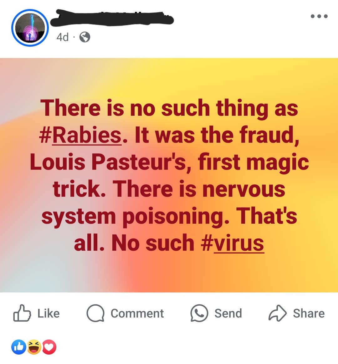 Text claims rabies is a hoax and criticizes Louis Pasteur, labeling it "system poisoning" with no virus