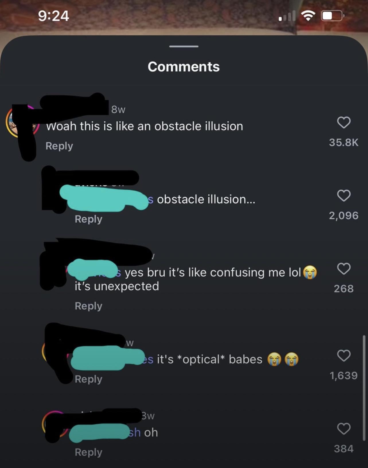 Social media post comments discuss an "obstacle illusion," with one correcting it to "optical," sparking humorous reactions