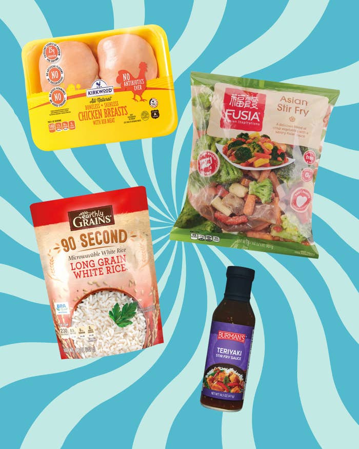 Chicken, Asian disturbance fry mix, microwavable rice, and teriyaki condiment against a swirled bluish background