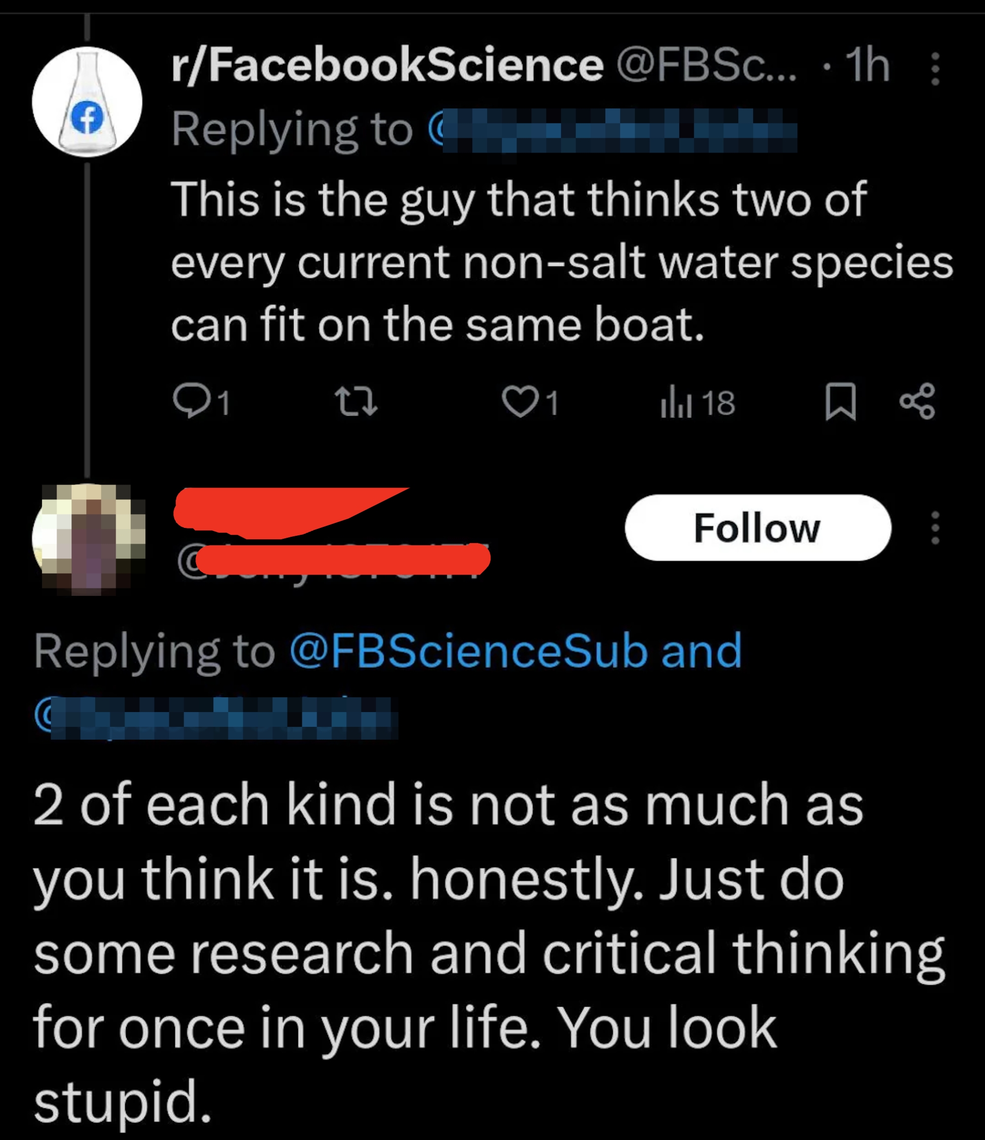 A Twitter exchange about the feasibility of fitting water species on a boat, with one user suggesting more research