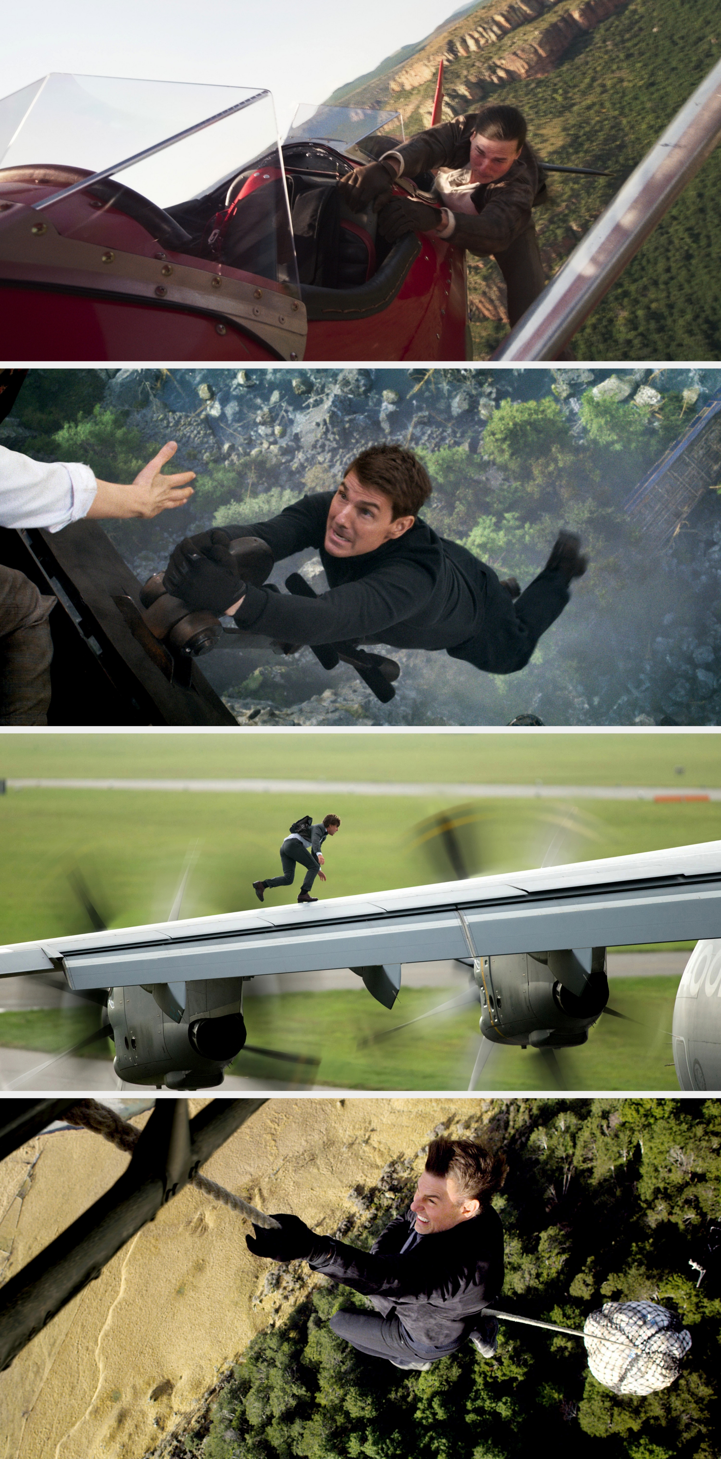 Person gripping a red biplane mid-flight, over a sprawling landscape. The scene appears dynamic and intense