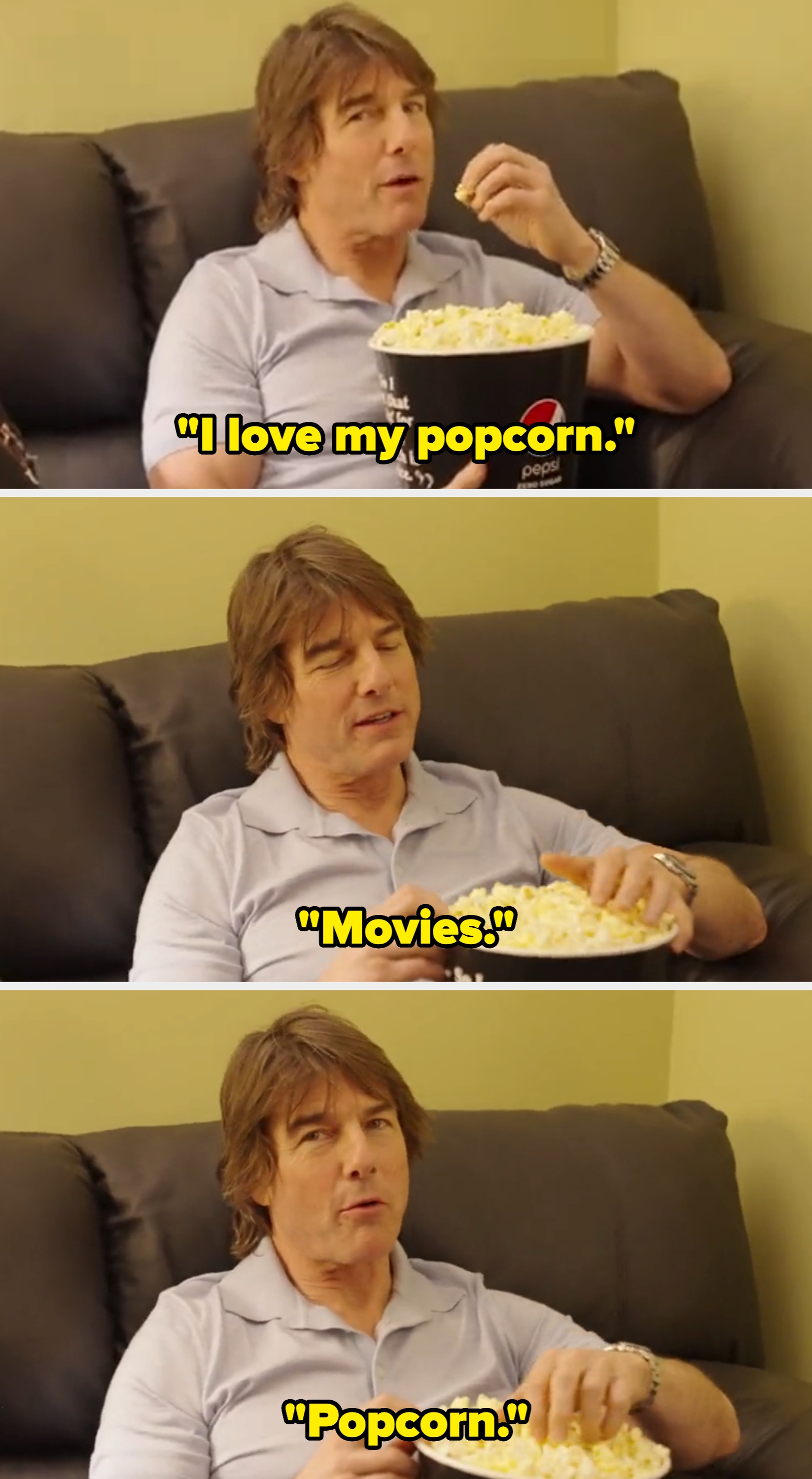 Person lounging on a couch, holding a bowl of popcorn, looking at the camera. Casual setting