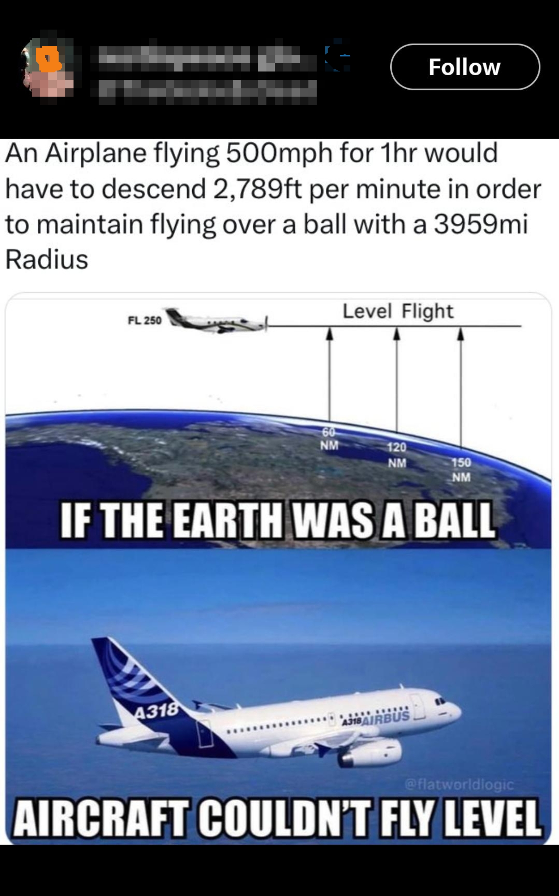 Meme suggesting flat Earth theory: A plane supposedly needs to descend to maintain level flight over a spherical Earth