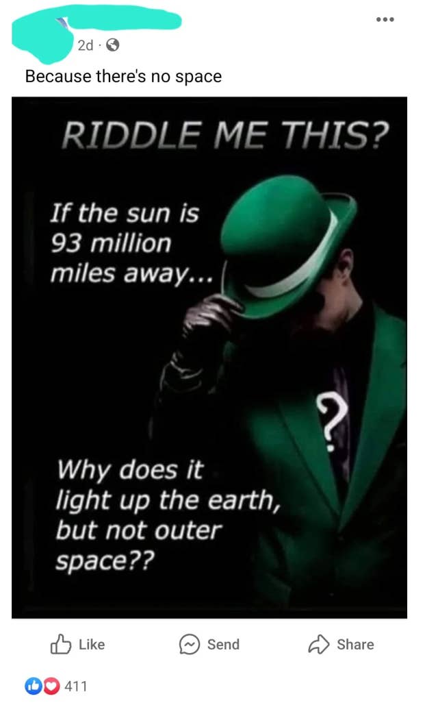 A person in a green suit and hat with a question mark overlay, alongside text questioning why the sun lights Earth but not outer space