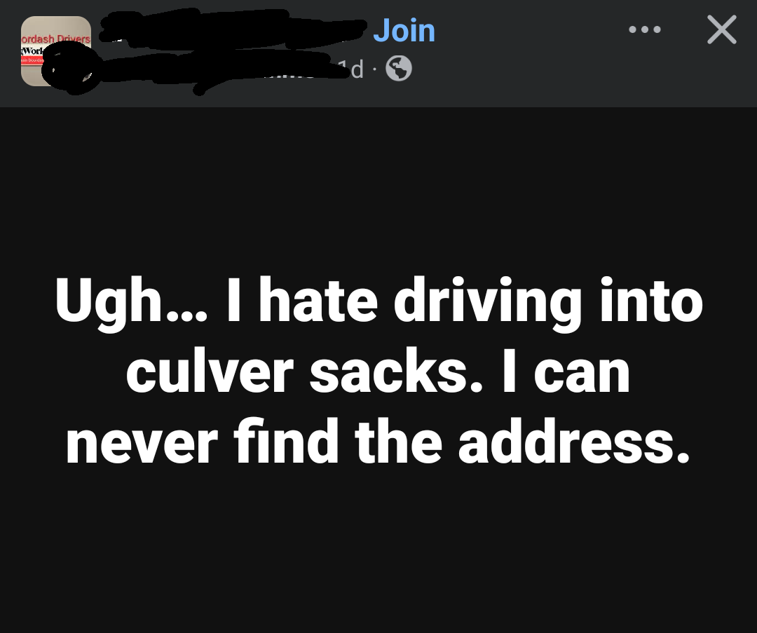 Text post with a humorous complaint about driving in cul-de-sacs and difficulty finding addresses