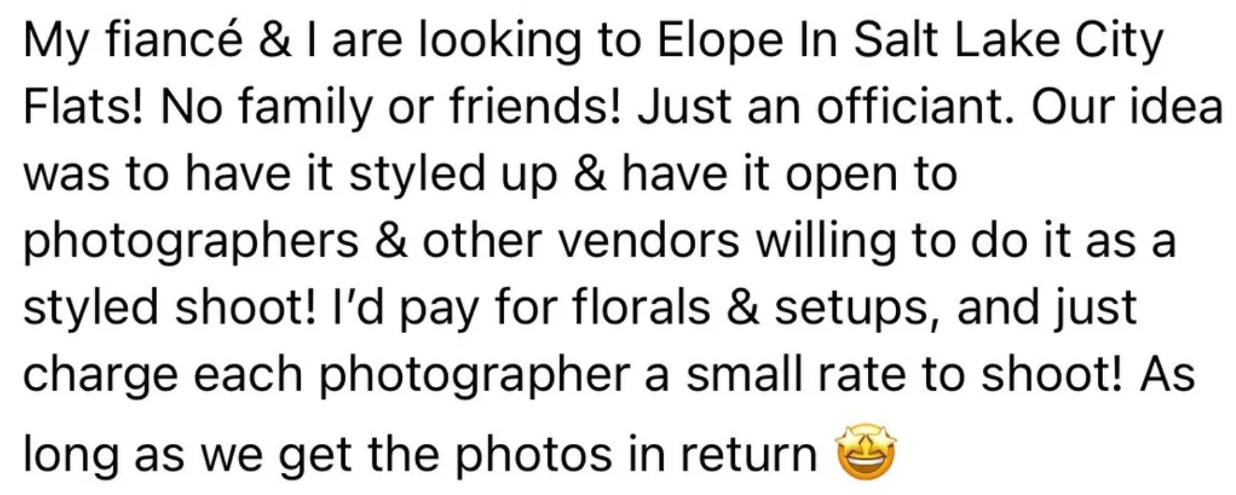 Couple planning a styled elopement at Salt Lake City Flats with an officiant, inviting photographers and vendors in exchange for shared photos