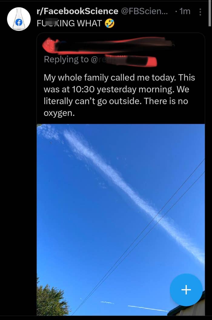 Screenshot of a social media post showing a contrail in a blue sky with text expressing disbelief