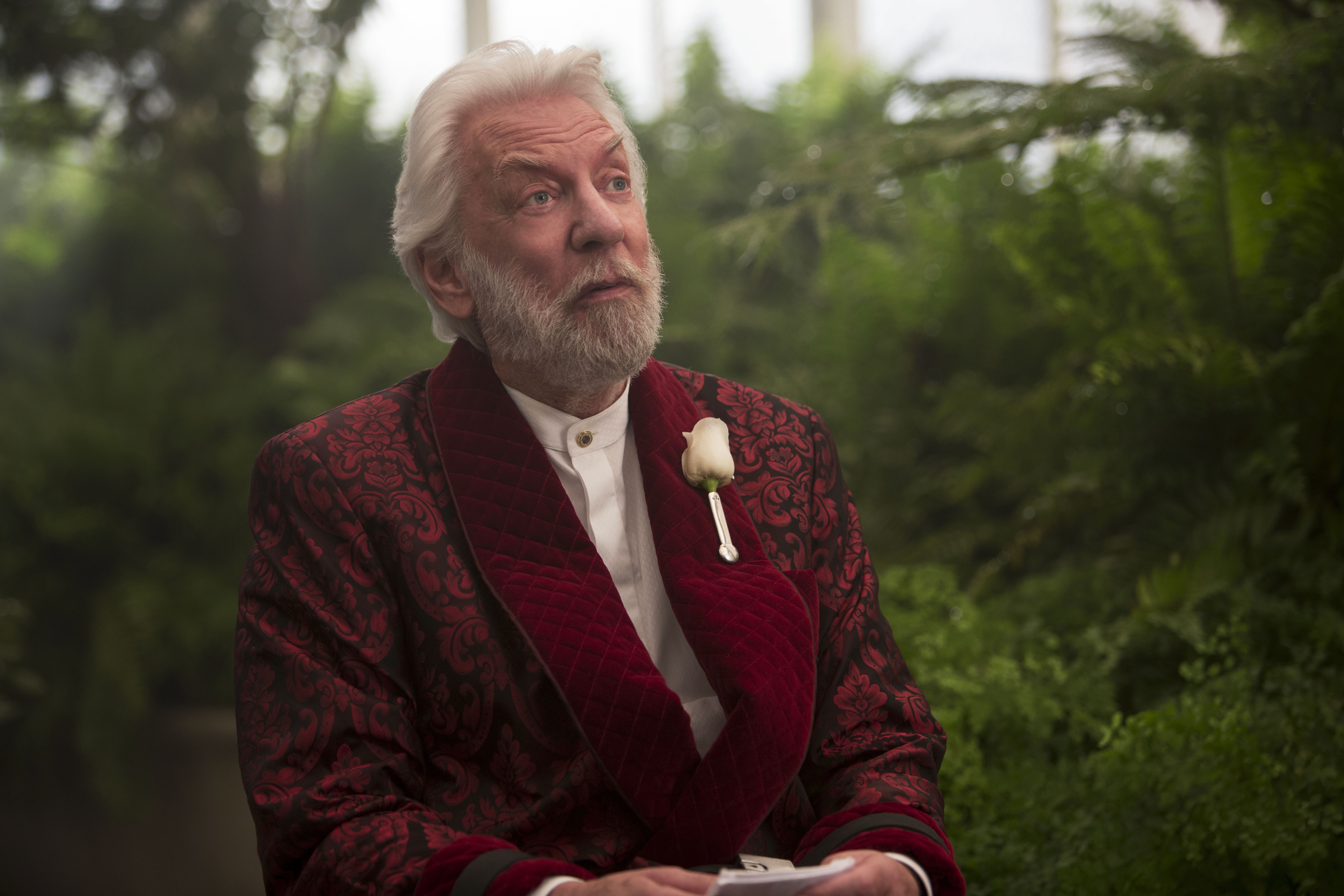 Donald with a beard wears an ornate robe with a flower boutonniere, seated in a lush, green garden setting