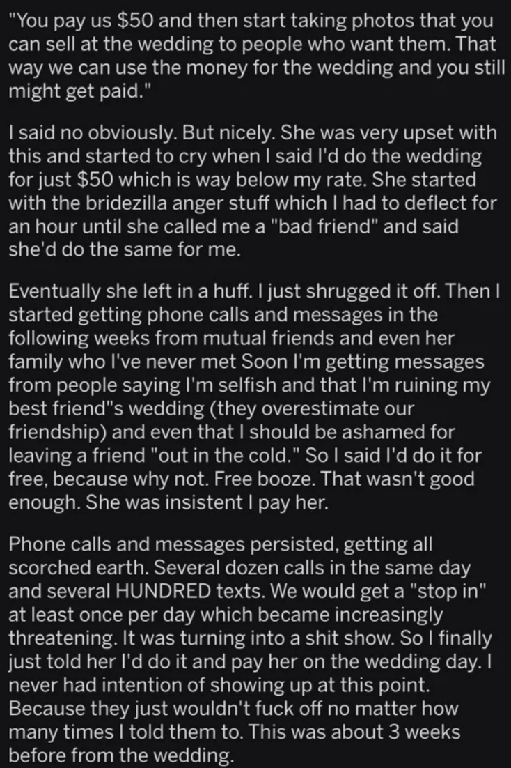 Text describing a dispute over wedding photography payments resulting in negative social consequences and stress for the photographer