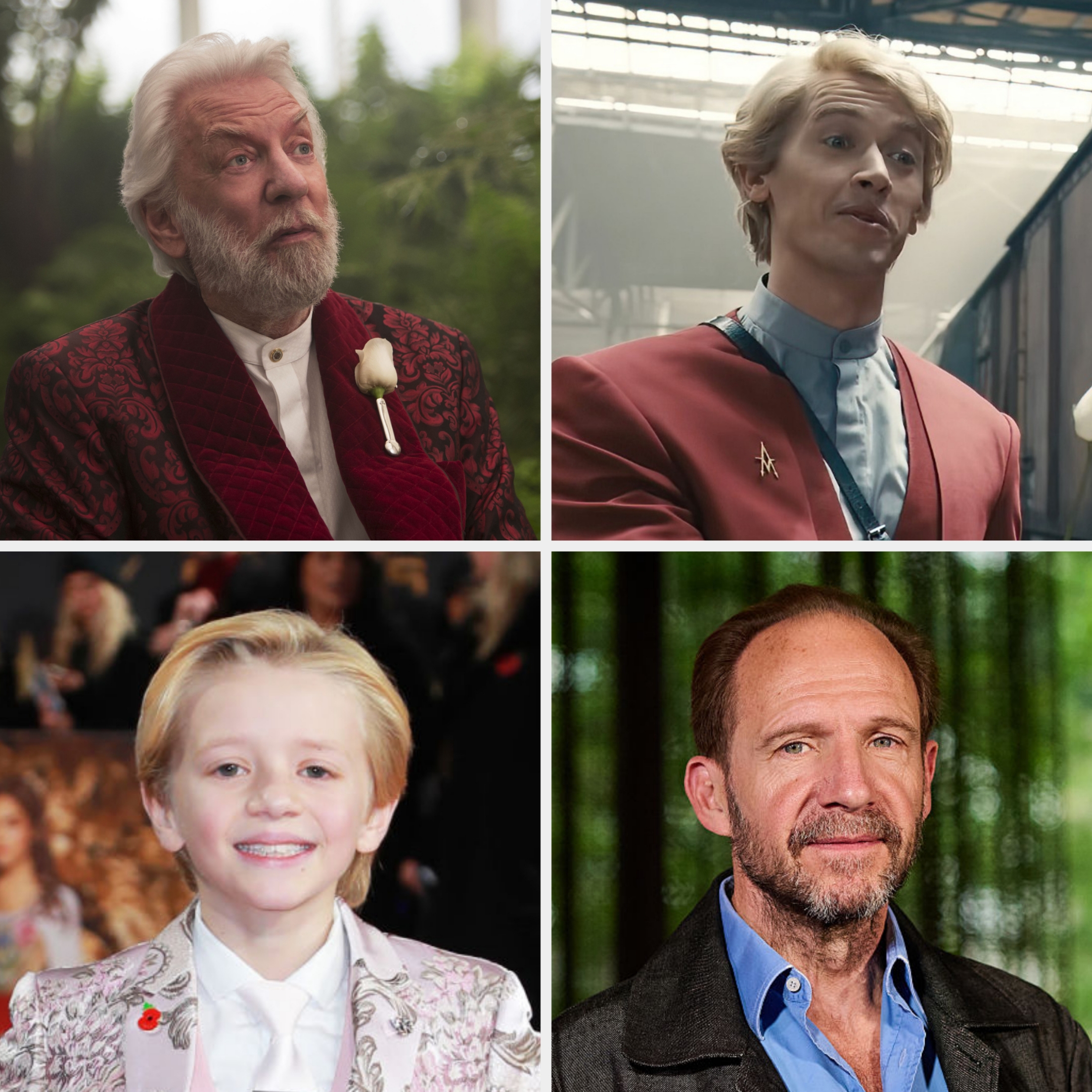 Donald Sutherland, Tom Blyth,  Dexter Sol Ansell, and Ralph Fiennes