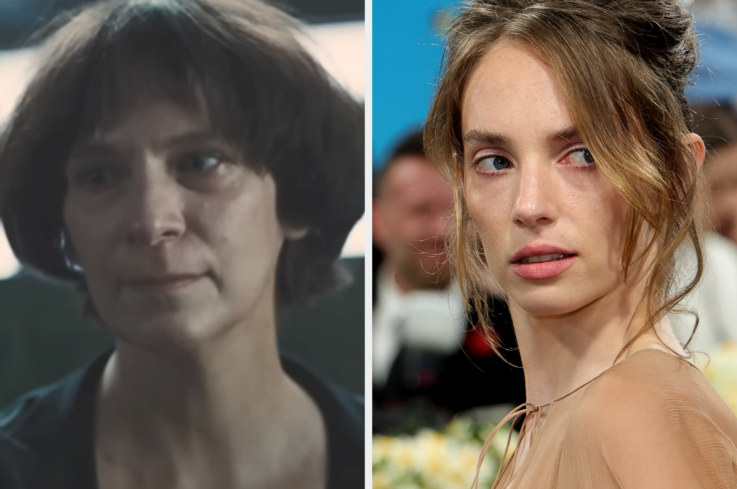 Amanda with a short haircut, and Maya with styled hair and elegant attire at an event