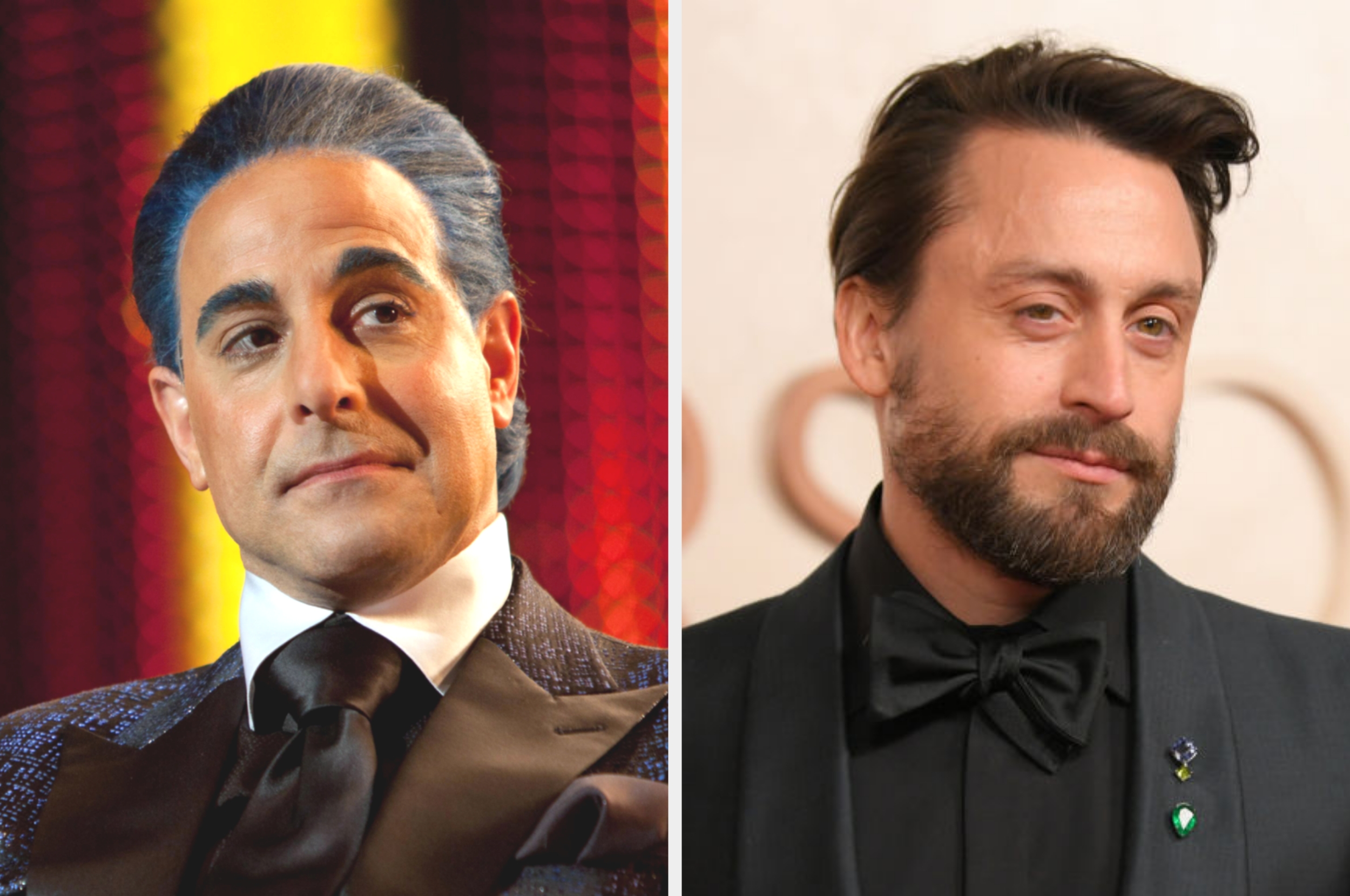Stanley in a sparkly suit and slicked-back hair, and Kieran a tuxedo with a bow tie and a brooch