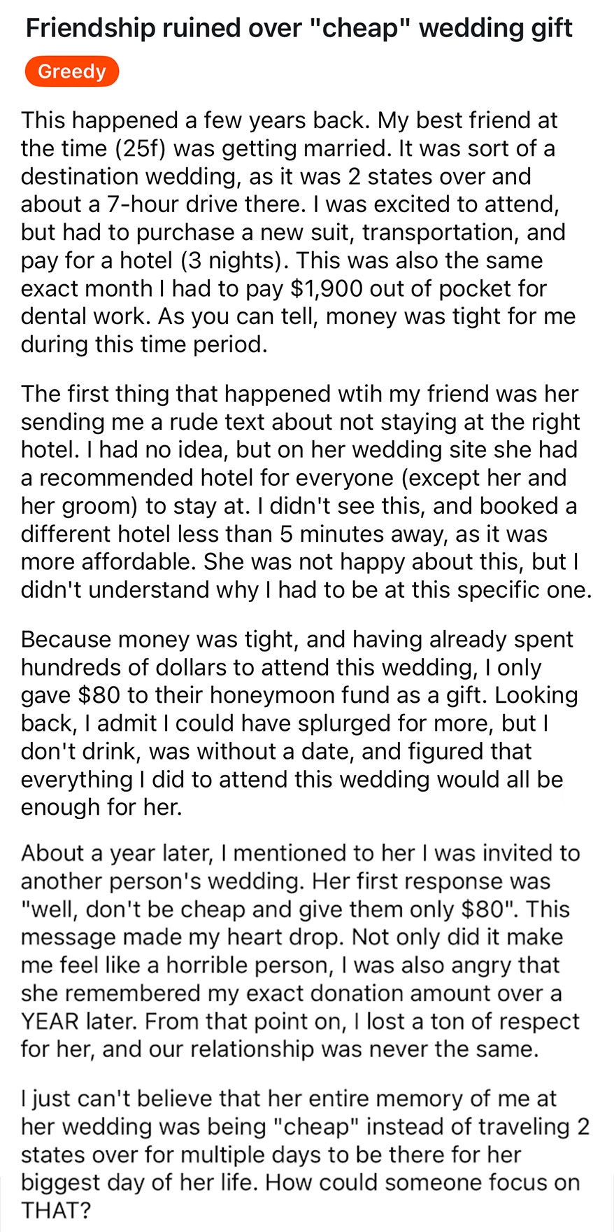 Summary of a friend's experience with a selfish bride who expected an expensive wedding gift despite the friend facing financial difficulties