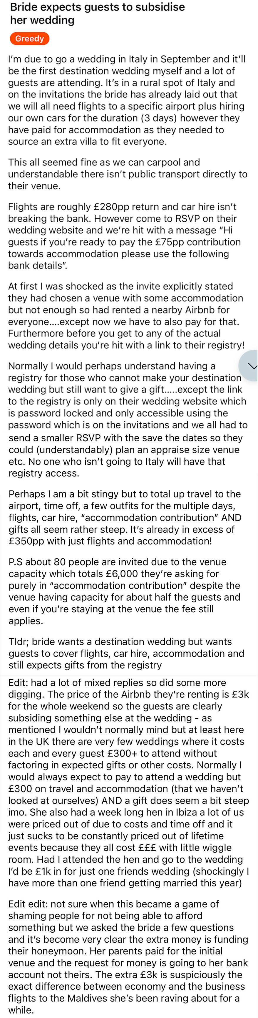 Bride expects guests to subsidize her wedding in Italy, with expensive travel and gifts required. Guest voices frustration over costs and entitlement