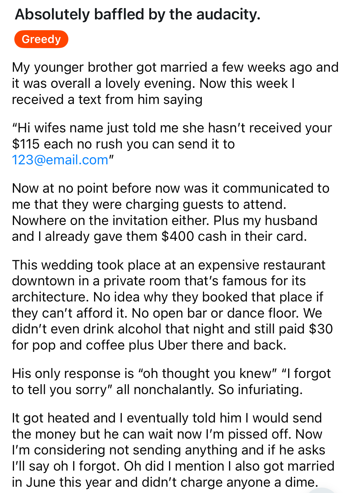 A Reddit post discusses a wedding drama where guests were billed $115 each for not attending, revealing tension over unexpected charges