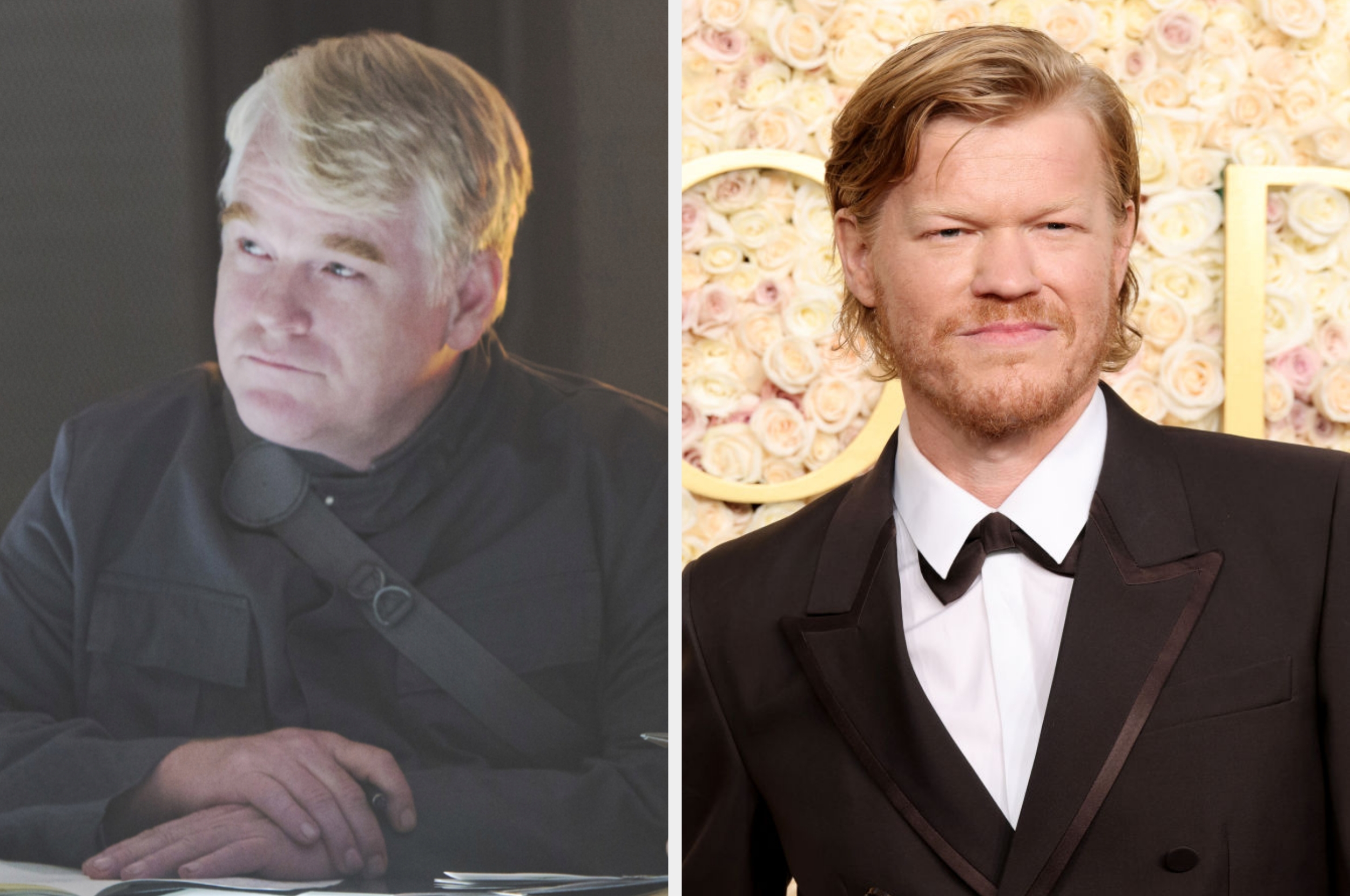 Philip in a dark shirt with a contemplative expression, and Jesse in a tuxedo on a red carpet smiling