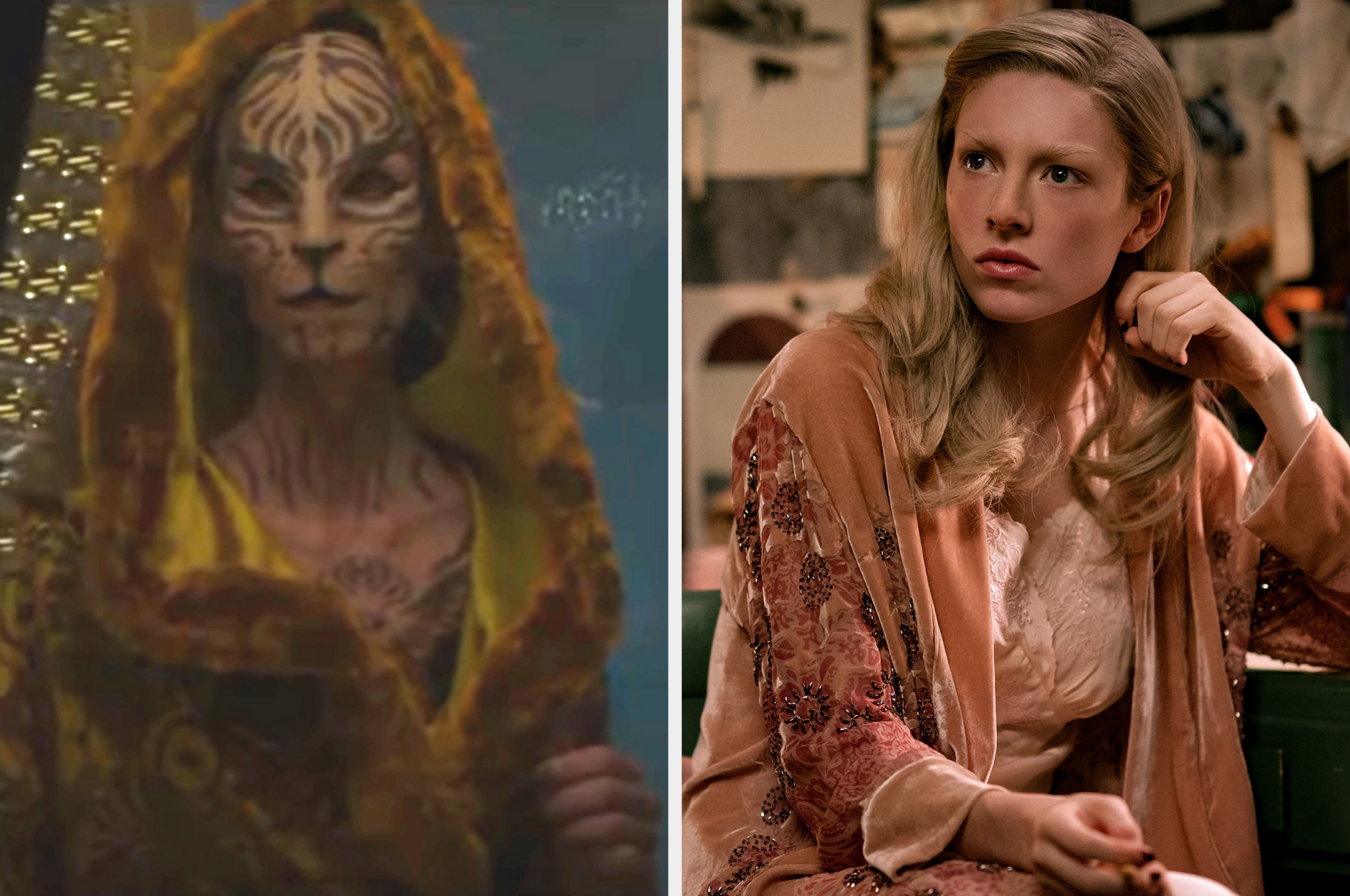 Left: Eugenia in detailed cat makeup and costume. Right: Hunter in vintage-style clothing seated thoughtfully