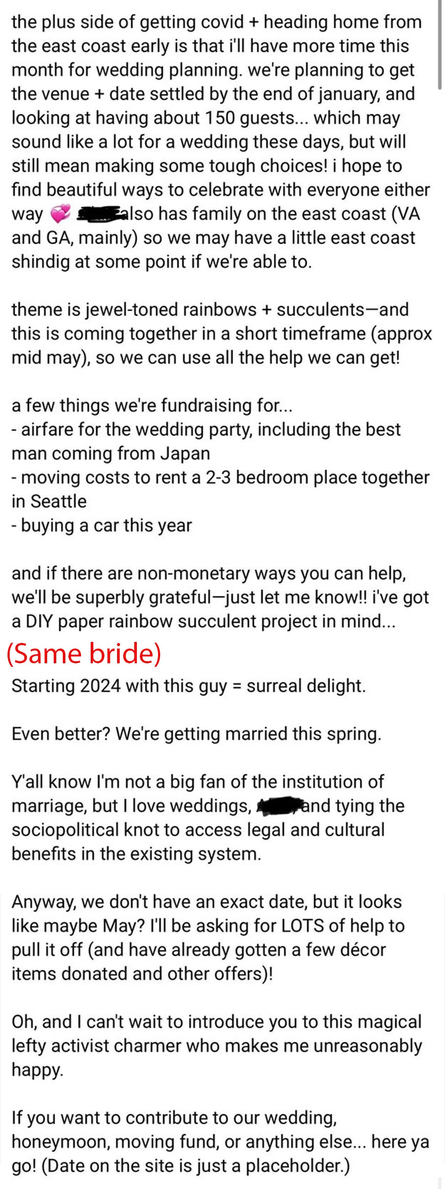 Text summarizing a wedding planning update, discussing Covid-19 impacts, potential wedding dates, fundraising ideas like a car wash, and ways to contribute