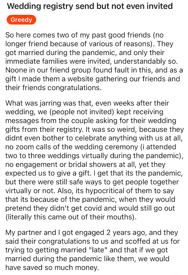 Summary of a Reddit post about a friend's wedding: The author feels hurt for being excluded from a friend's wedding but being asked for a gift. They also discuss their own delayed wedding plans