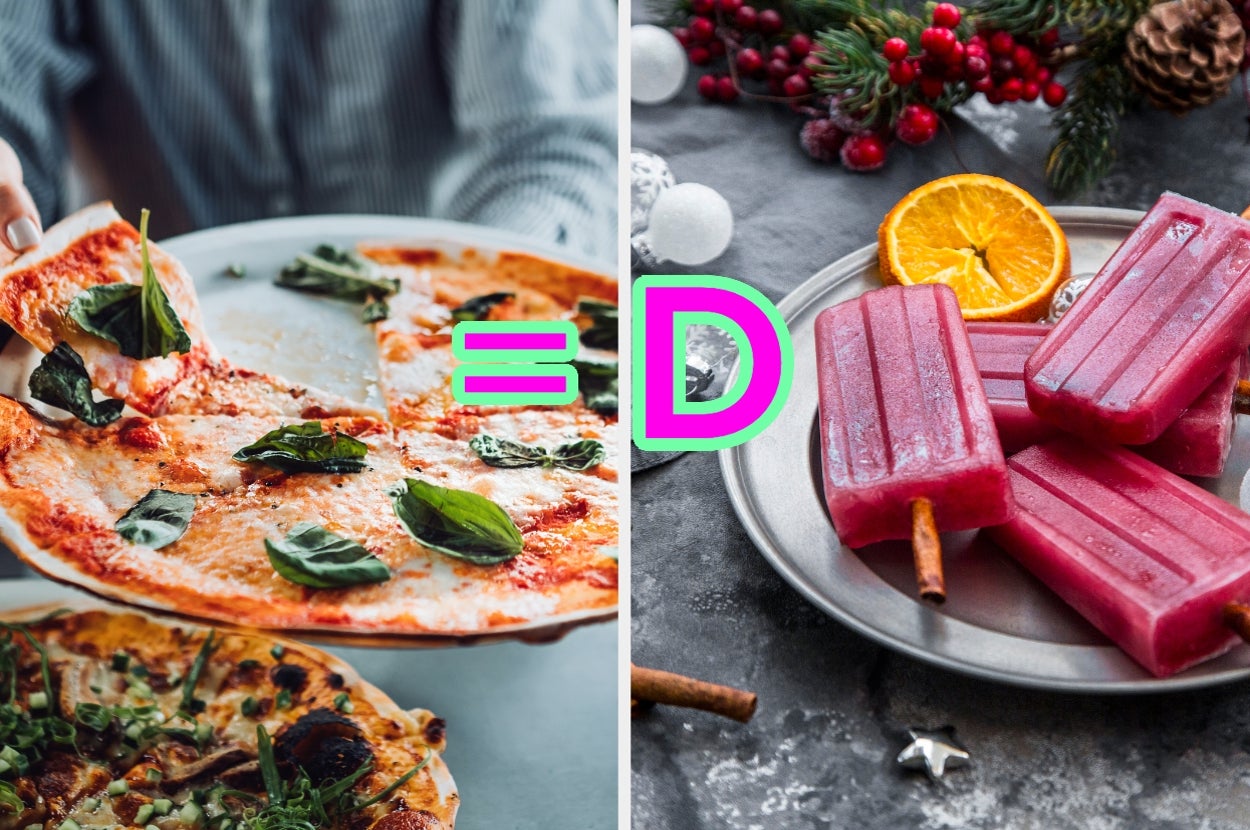 Left: Person holds a pizza slice with basil. Right: Plate of purple popsicles with orange garnish next to Christmas decor