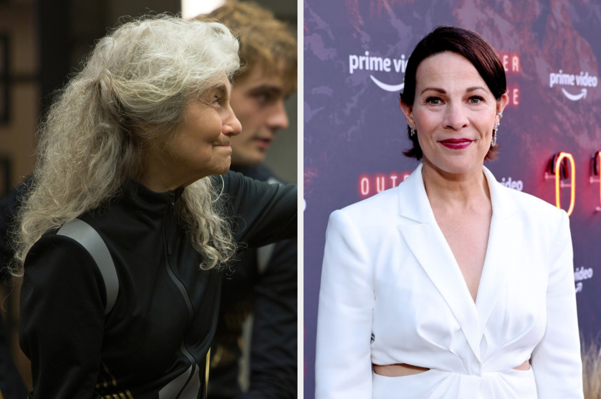 Lynn in a tactical outfit, sitting and smiling, and Lili on red carpet in a cut-out suit
