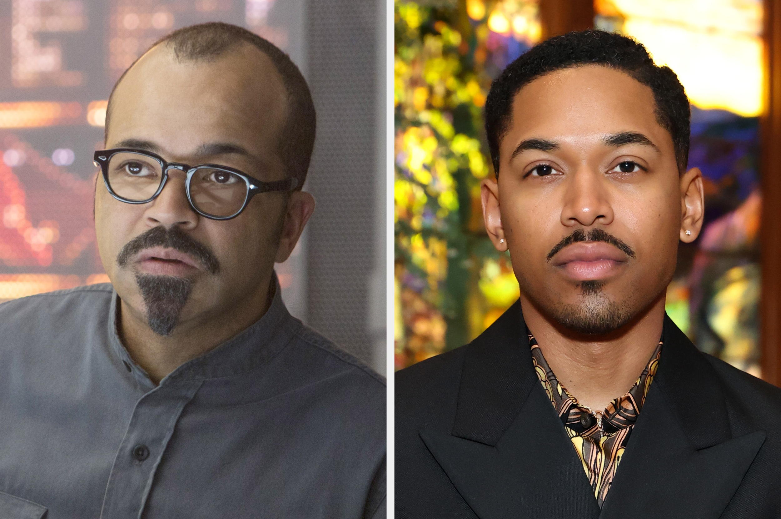 Jeffrey in a casual shirt with glasses, and Kelvin in a suit with a patterned shirt underneath