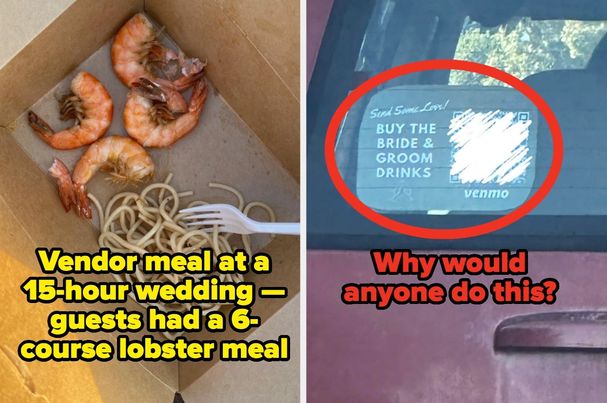 Tiny vendor meal at a 15-hour wedding where guests had a 6-course lobster meal, and a car sticker asking strangers to buy the bride and groom drinks