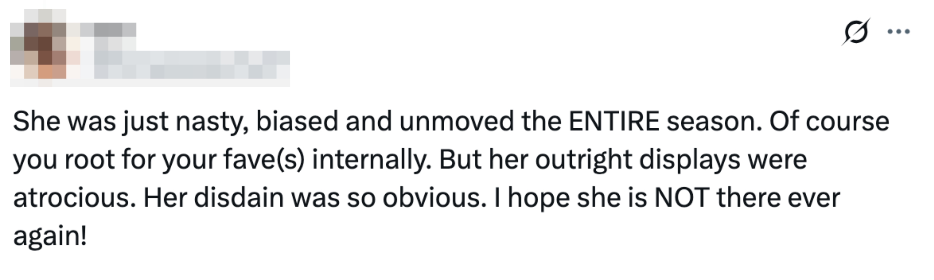 Tweet criticizing a figure's behavior throughout a season, hoping they won't return