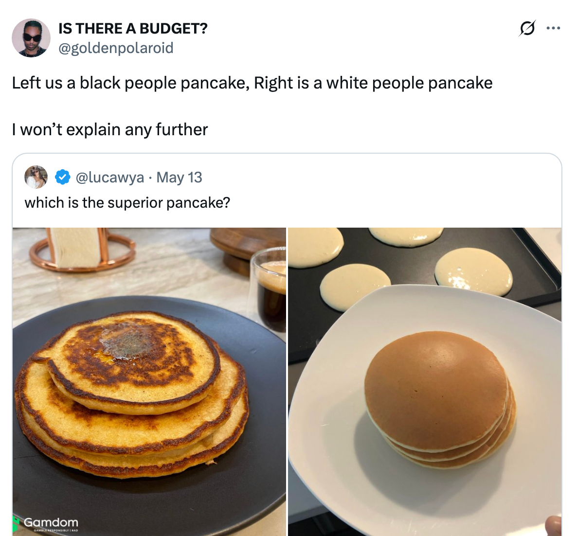 Side-by-side image of two pancake styles. Left: thick, textured pancakes. Right: smooth, uniform pancakes on a griddle