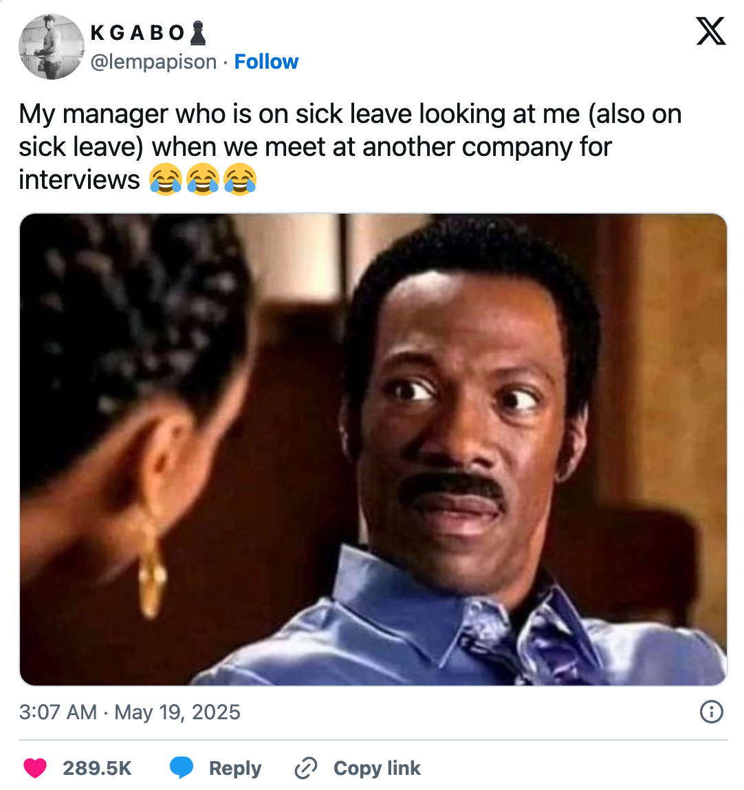 A person looking surprised, captioned about seeing a manager on sick leave during job interviews at another company