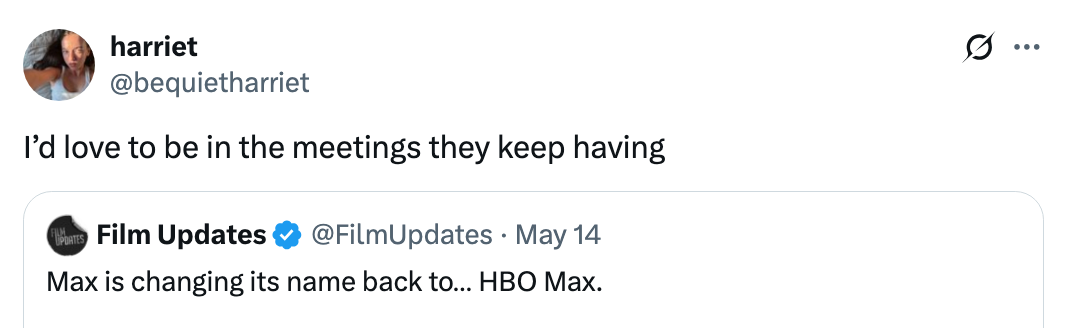 Tweet expressing curiosity about discussions related to HBO Max changing its name back to HBO Max
