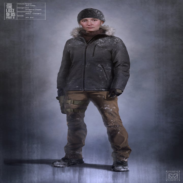 Drawing of Abby in winter gear with a beanie, snow-covered jacket, and pants