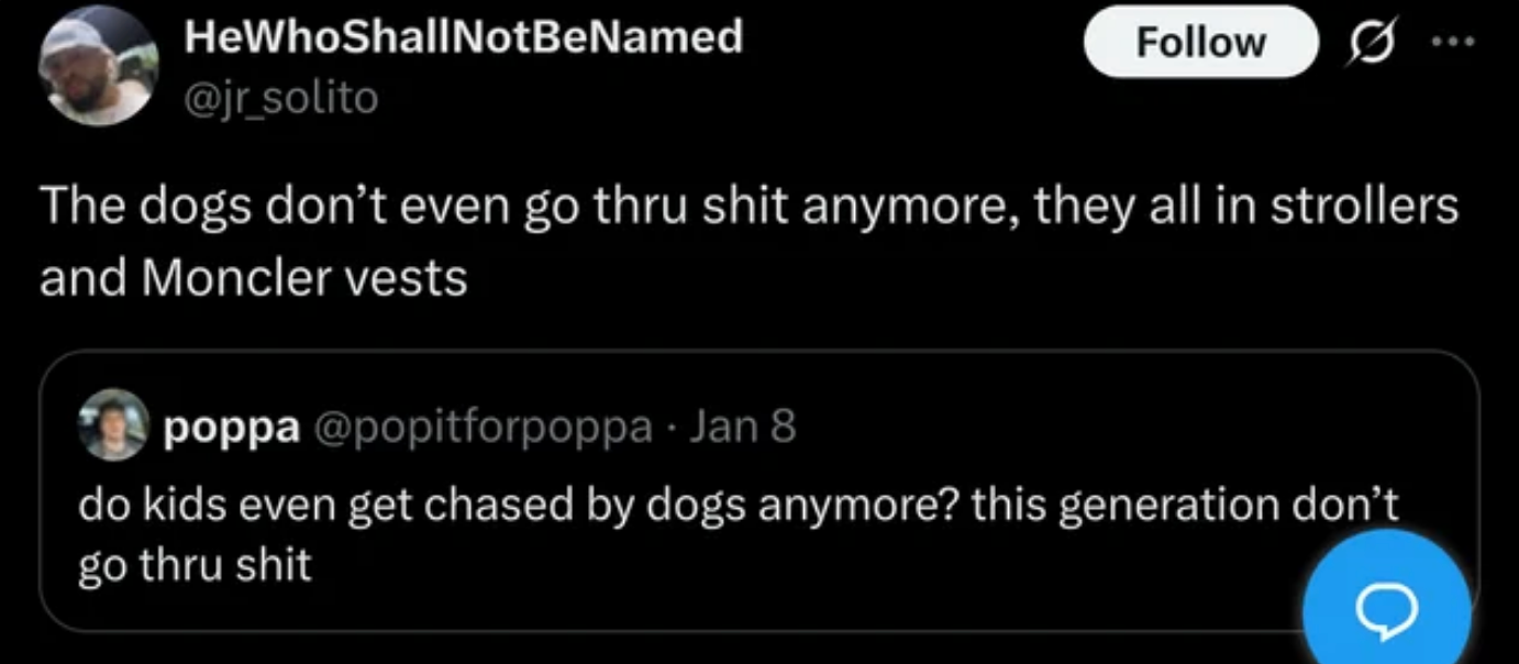 Twitter post about kids and dogs avoiding challenges; humorous take on modern childhood