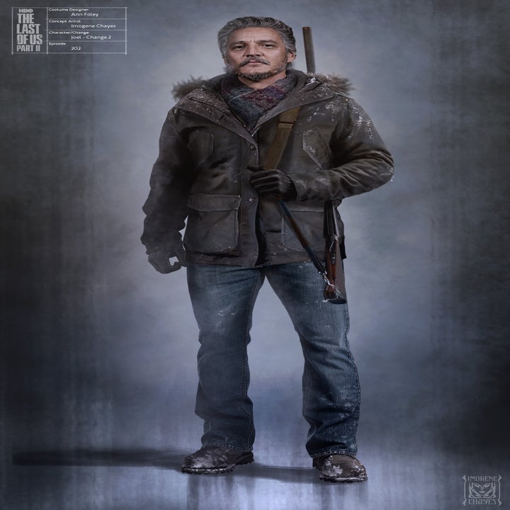 A drawing of Joel in heavy, weathered coat and scarf holds a rifle