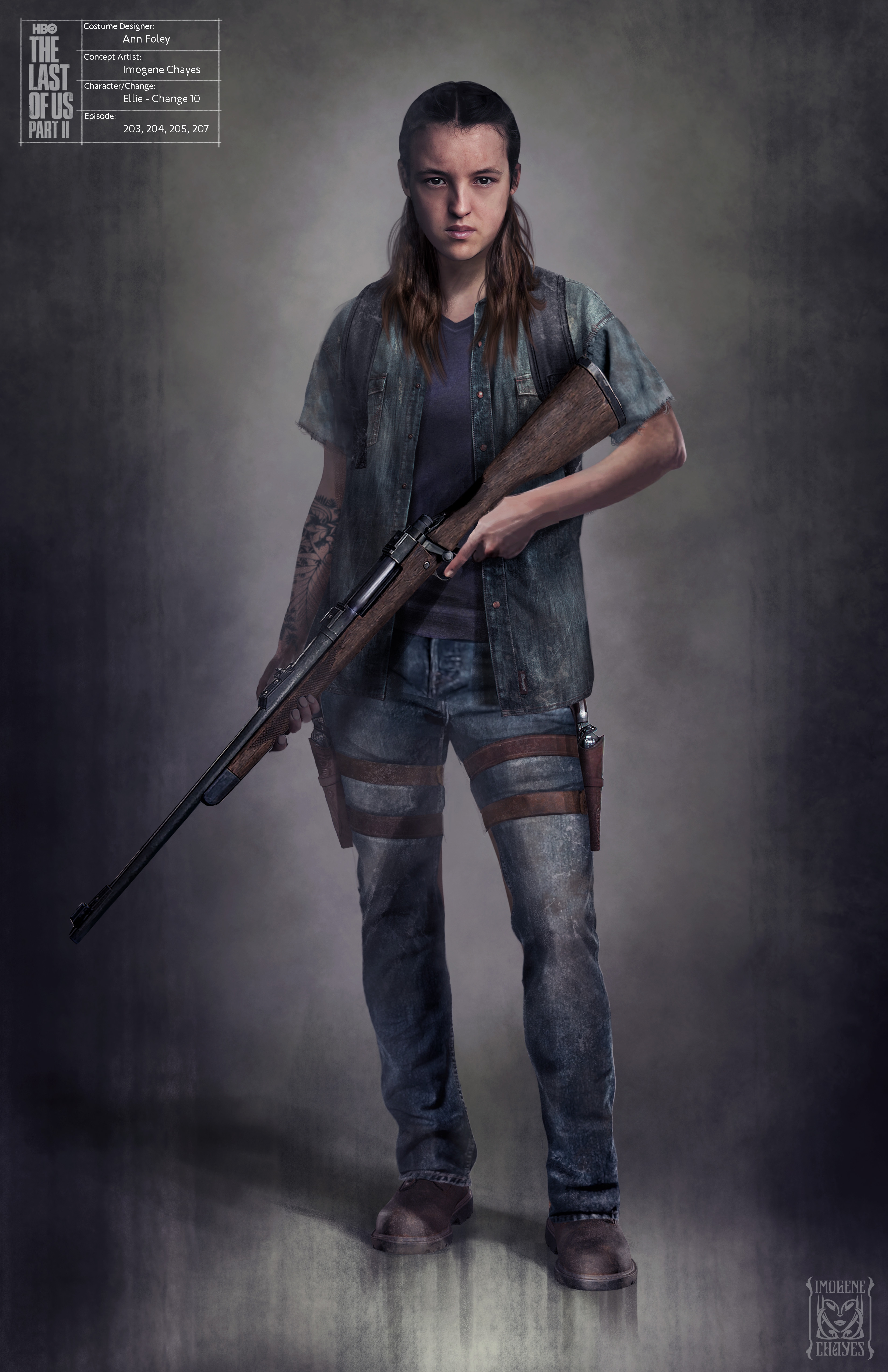 A drawing of Ellie, who stands confidently, holding a rifle, wearing rugged jeans and a jacket